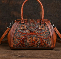 Vintage-inspired structured floral leather handbag