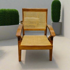 Modern wooden armchair with handwoven rattan backrest