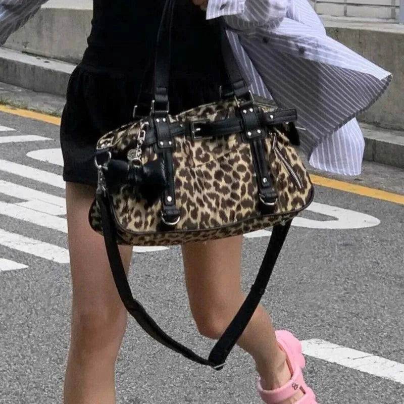 Harajuku leopard print Y2K shoulder bag with bow detail