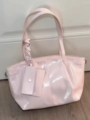 Harajuku-style large pink tote bag on wooden floor
