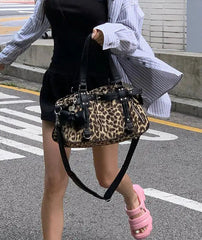 Leopard print tote with soft structure and hasp closure