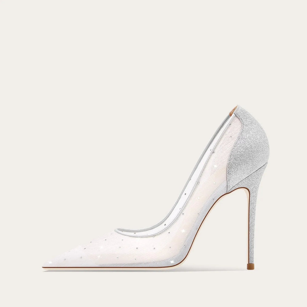 A front view of a high-heel pump, highlighting the thin heel and elegant design.