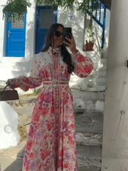 High neck floral belted holiday maxi dress in pink print
