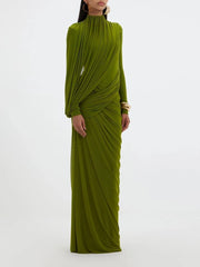 Floor-length maxi dress with wrapped drape detail across the bodice