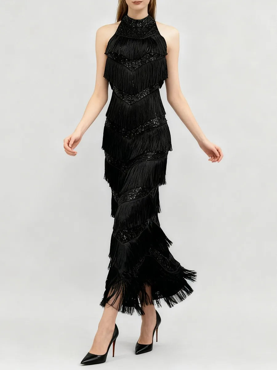 Front view highlighting the high round neckline and clean bodice of the black maxi dress with a slim, formal fit.