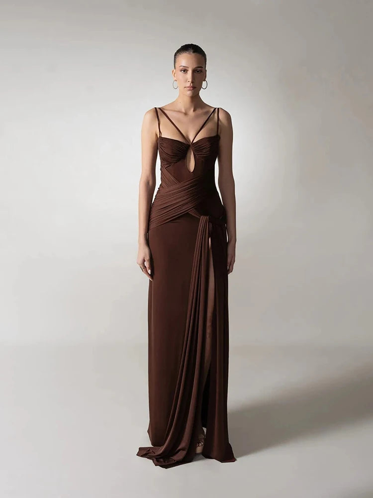 A full-length shot of a high-split sheath gown, highlighting its elegant silhouette.