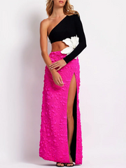Patchwork one shoulder gown with 3D flower embellishment