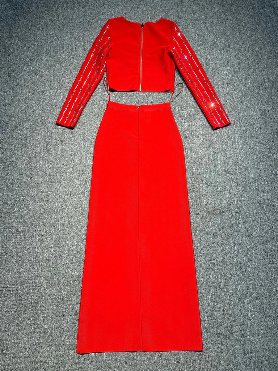 Two piece red sequin party set with slim silhouette