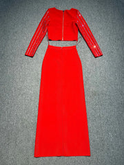 Two piece red sequin party set with slim silhouette