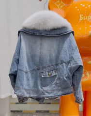 Luxury winter denim jacket for women with removable collar