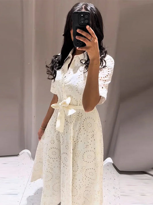 Elegant summer maxi dress with hollow embroidery and ribbon belt