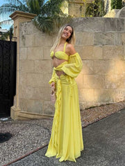 Hollow halter maxi dress with puff sleeves and ruffles