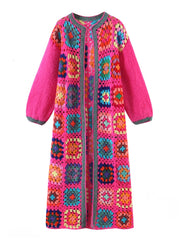 A hollow-out long cardigan. Plaid Flower Hand Crochet O-Neck Long Sweater Women Jumper