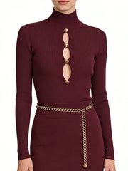 Deep burgundy ribbed turtleneck knit top with hollow-out front detail