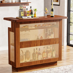 “Home bar setup with bottles, stemware, and rustic bar cabinet”

