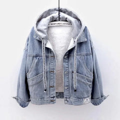Hooded denim jacket with fleece lining and zipper front