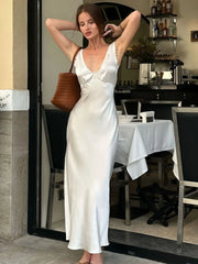 Inclined shoulder ankle-length slim white satin dress club wear