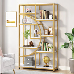 freestanding 5-tier industrial bookshelf with metal frame and wood shelves
