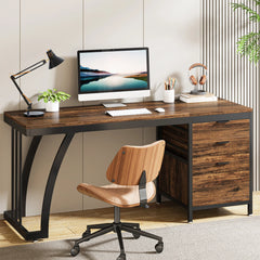 “Industrial wood computer desk with drawers and monitor on top”