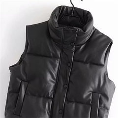 Black padded faux leather vest for women’s winter fashion