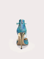 Iridescent blue crystal evening heels, pointed toe design