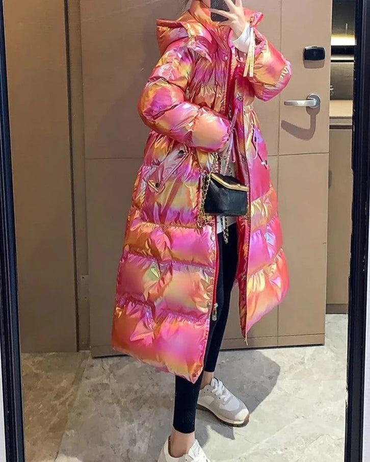 Women’s iridescent waterproof puffer coat with hood