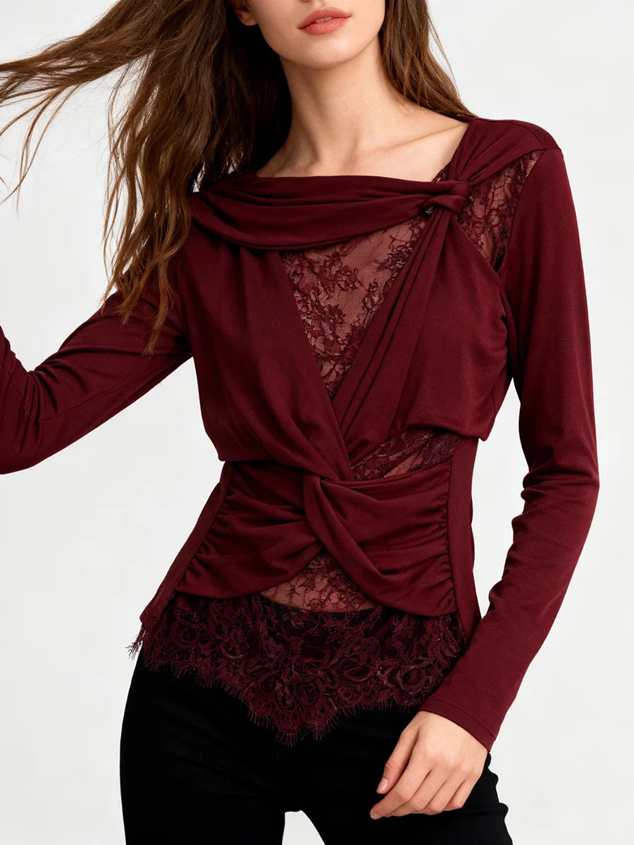 Long sleeve slim fit lace fold top shown front view