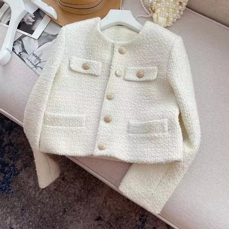 Ivory tweed short coat with gold-tone buttons and applique pockets