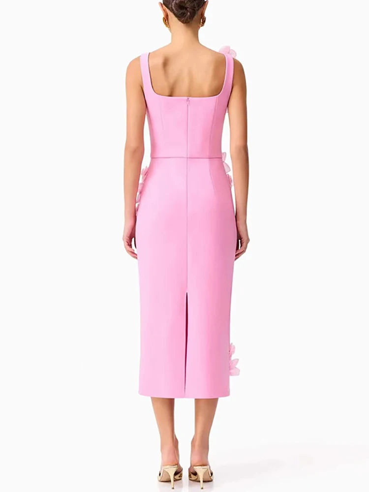 Jersey polyester evening dress with floral applique