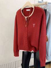 White and red O-neck knit cardigan for autumn school outfits