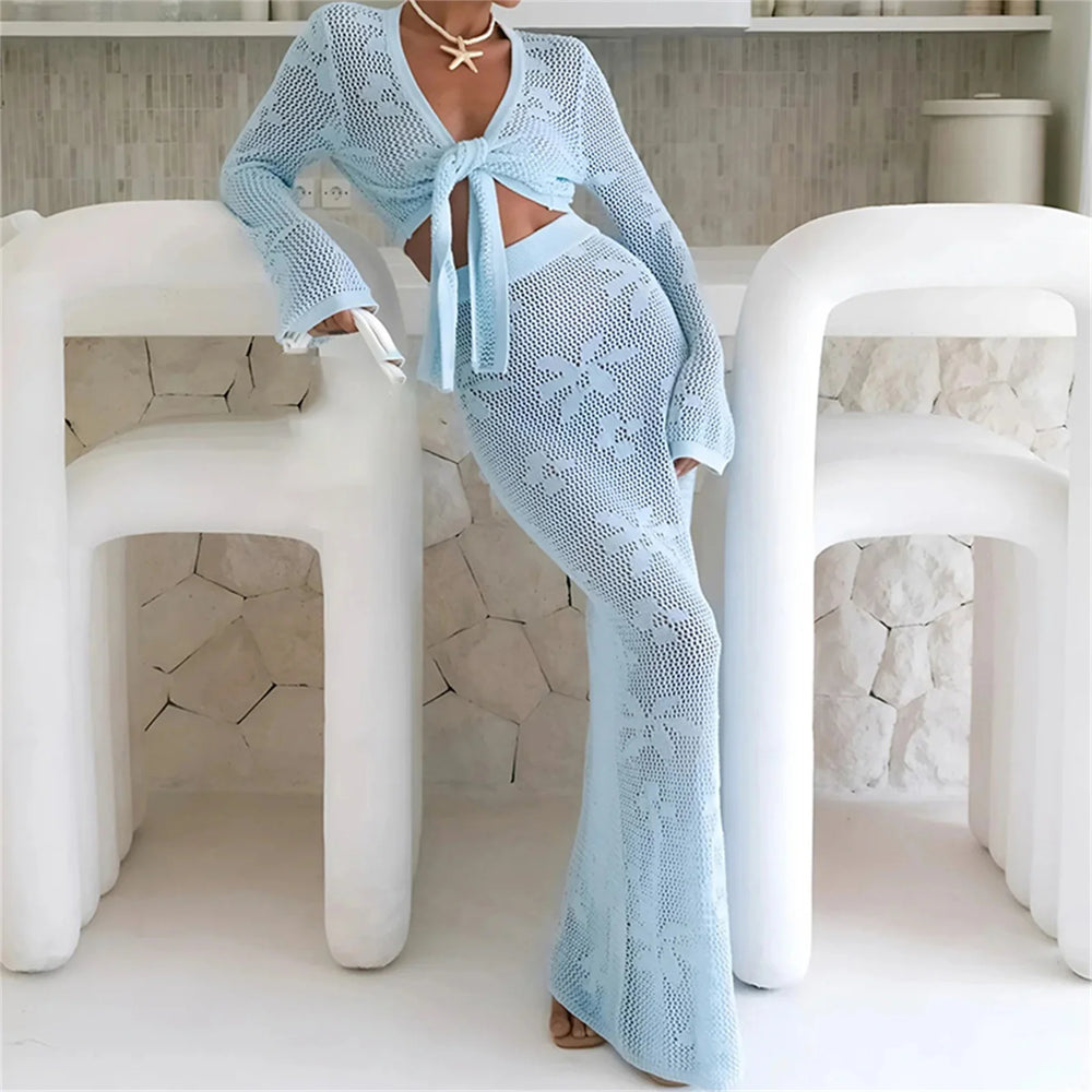 Knit top and maxi skirt beachwear set styled for vacation evenings