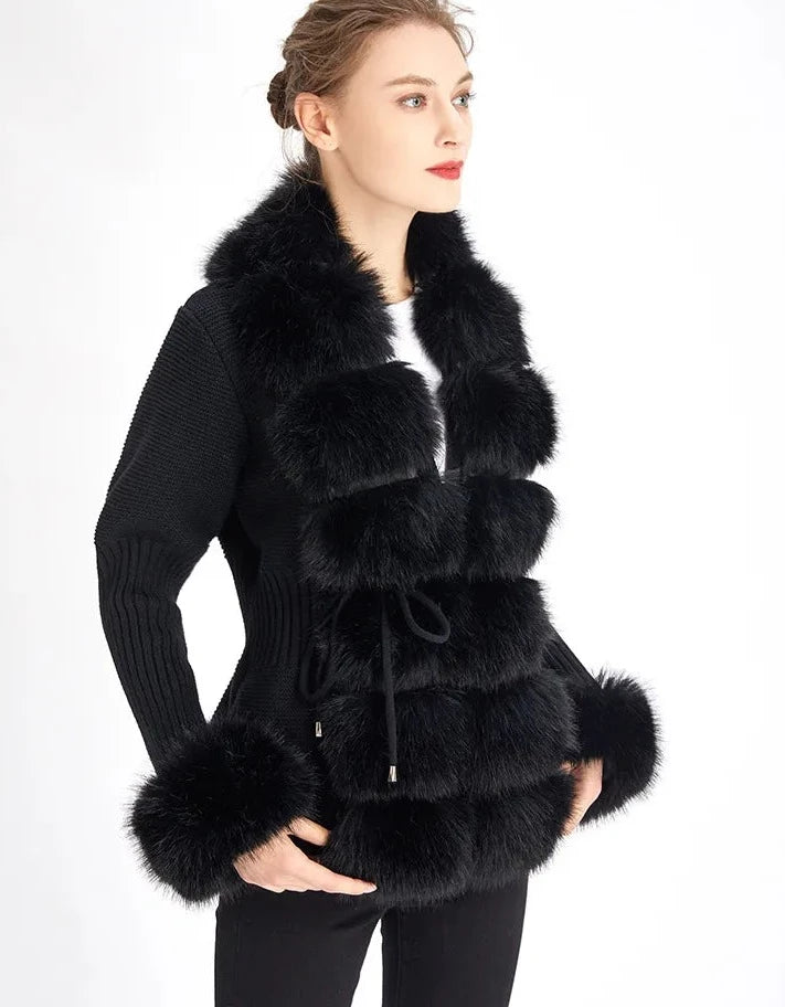 Knitted faux fur coat with detachable collar and cuffs