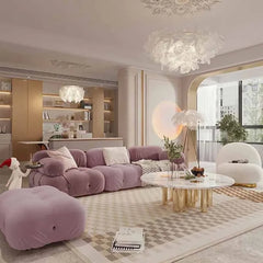 “L-shaped velvet lounge sofa in soft purple for modern living room”