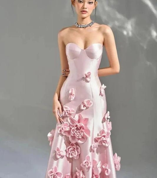 Pink Satin Strapless Embroidered Flower Gown Dress - Golden Atelier
