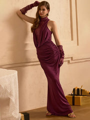 Close-up view highlighting the sheer lace bodice and clean high neckline on a sleek formal maxi dress silhouette.