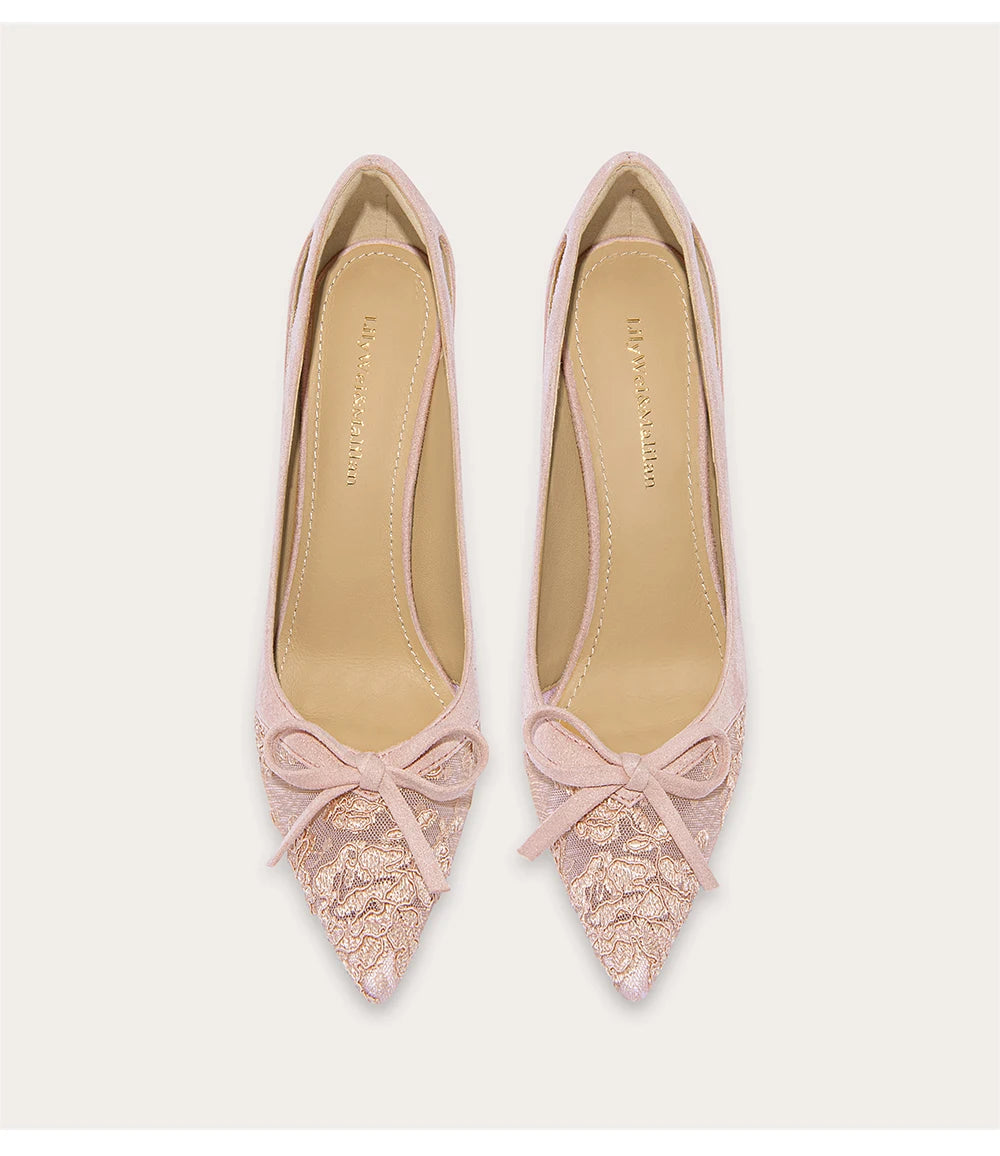 Lace stiletto heels with bow detail and pointed toe