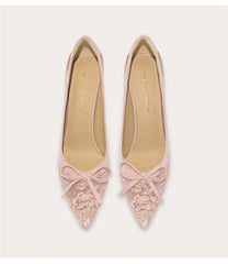 Lace stiletto heels with bow detail and pointed toe