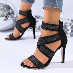 Lace cross strap stiletto heels with glitter mesh