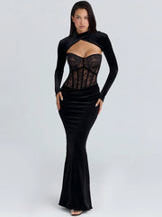 Long sleeve cut-out maxi dress with a structured lace bodice and ruched skirt shown in a clean studio setting.