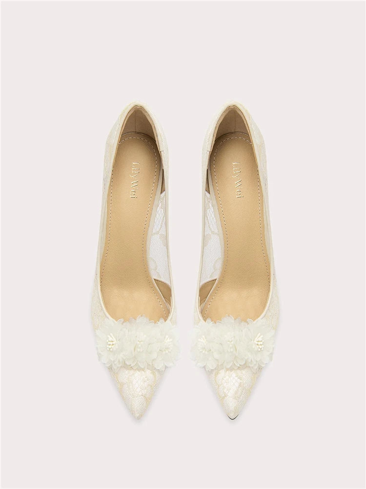 Lace mesh flower pumps with pointed toe and thin high heel