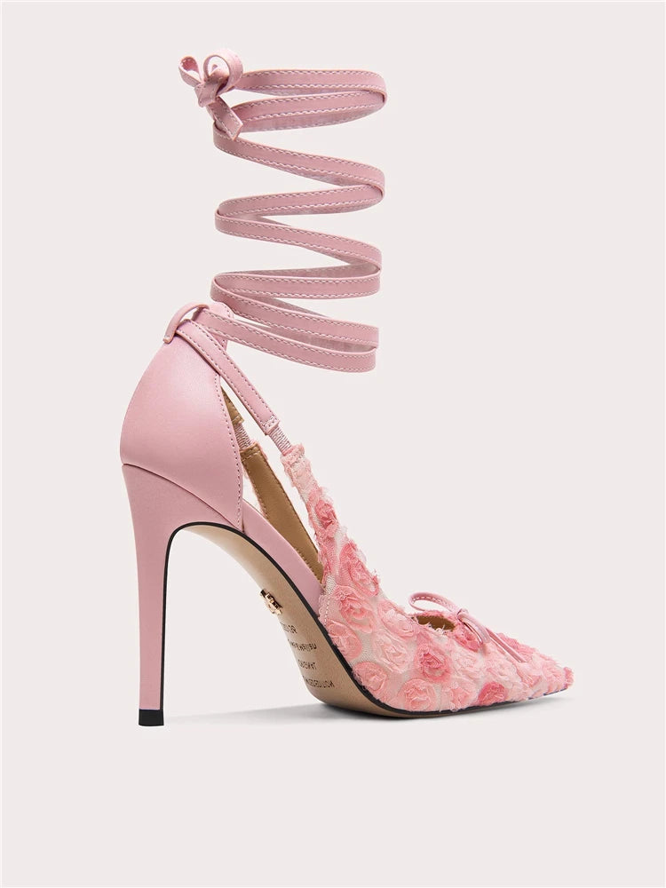 Lace mesh rose bow lace-up pumps with pointed toe and thin heel