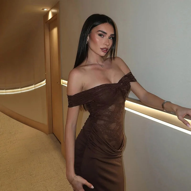 Close-up of twisted neckline and lace bodice on a brown maxi dress