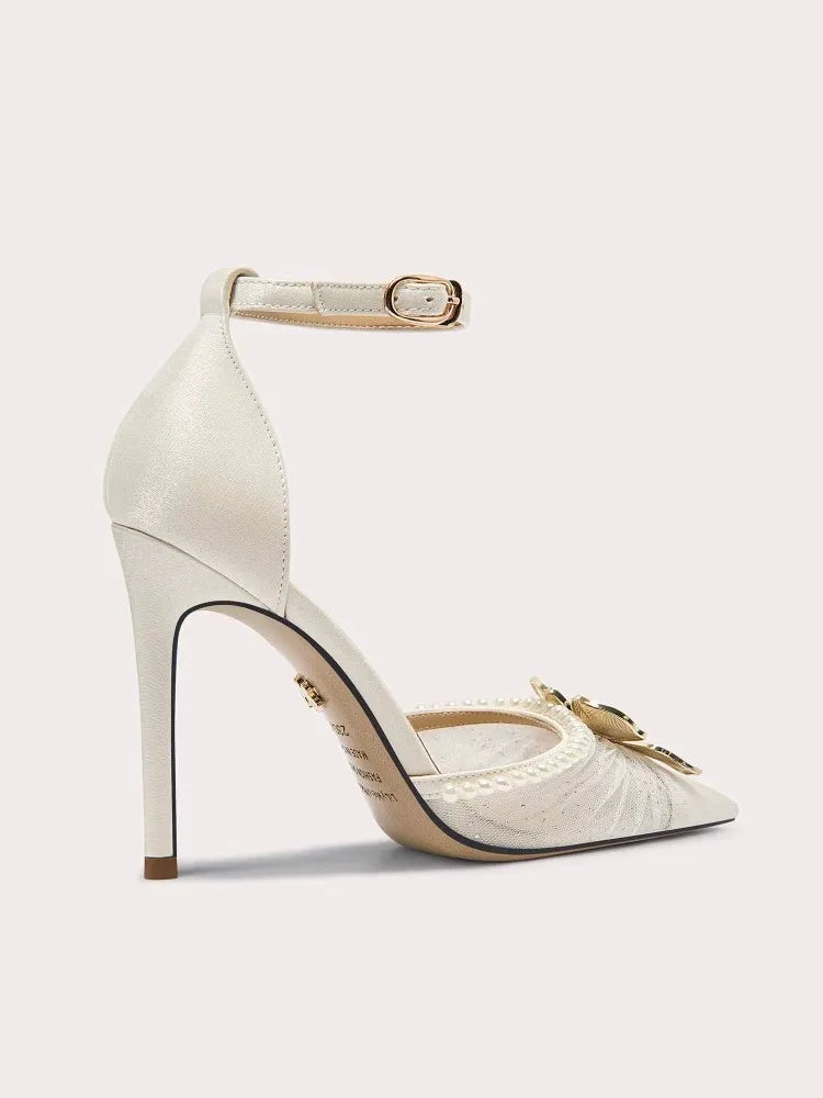 Elegant ankle strap wedding shoes with flower accents