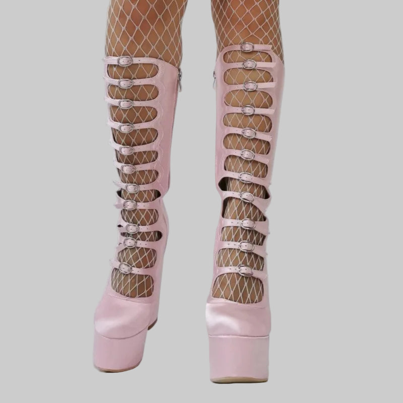 Platform combat-style boots with lace strap design