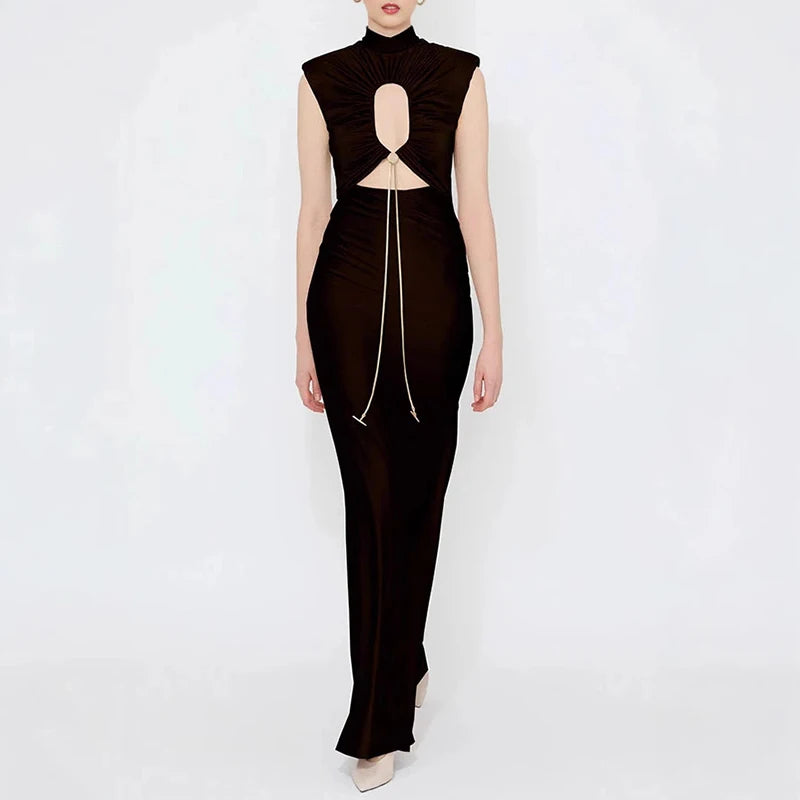 “Lace-up draped party dress in slim floor-length cut”

