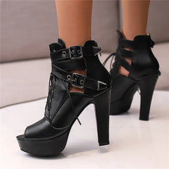Peep toe ankle boots with lace-up and side-zip closure