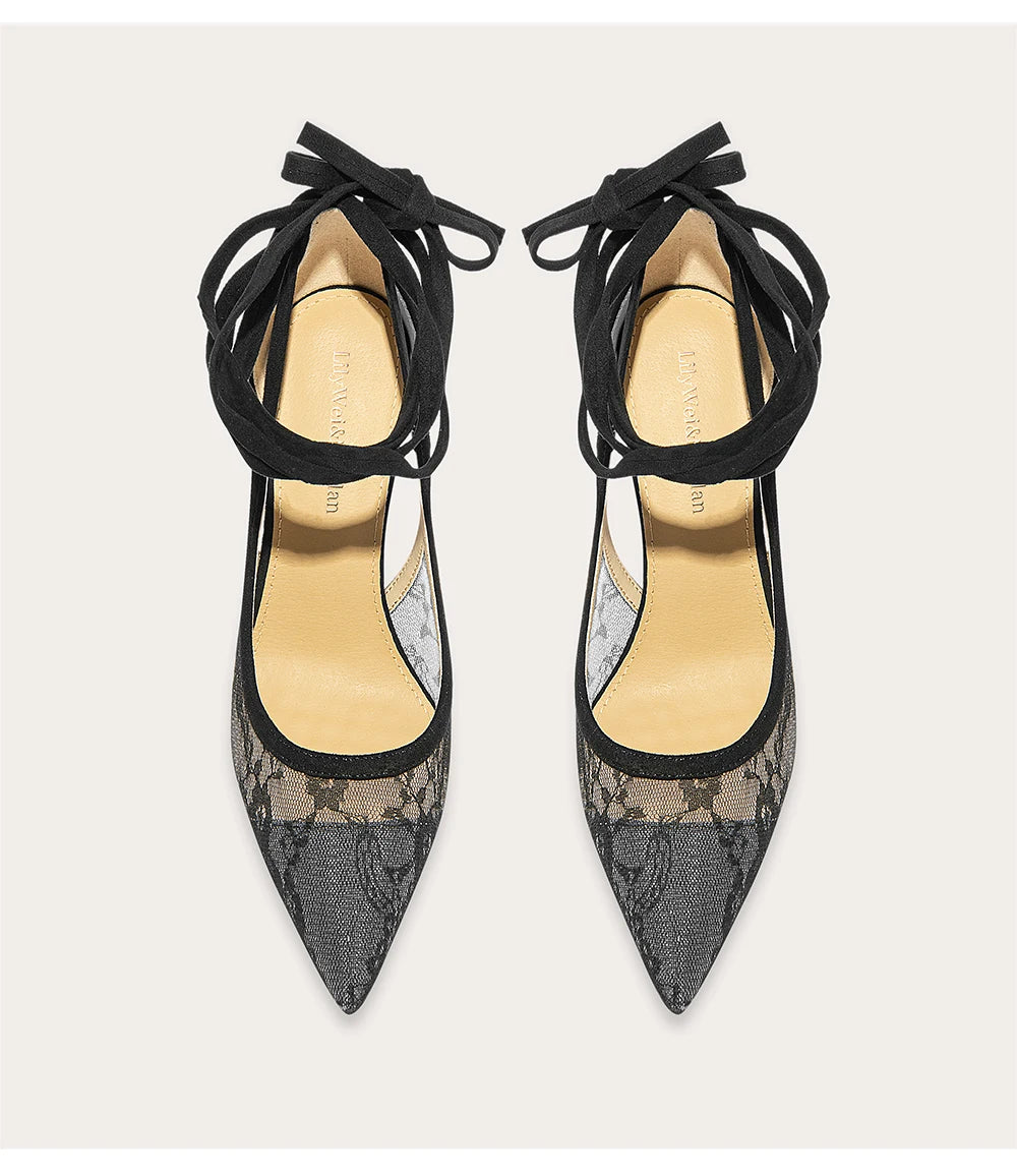 Pointed lace-up high heel pumps with lace upper