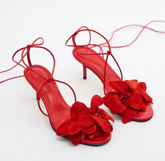 Close-up of women’s red floral high heel sandals