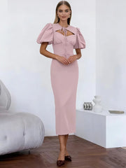 V-neck maxi dress with lace-up detail and short sleeves