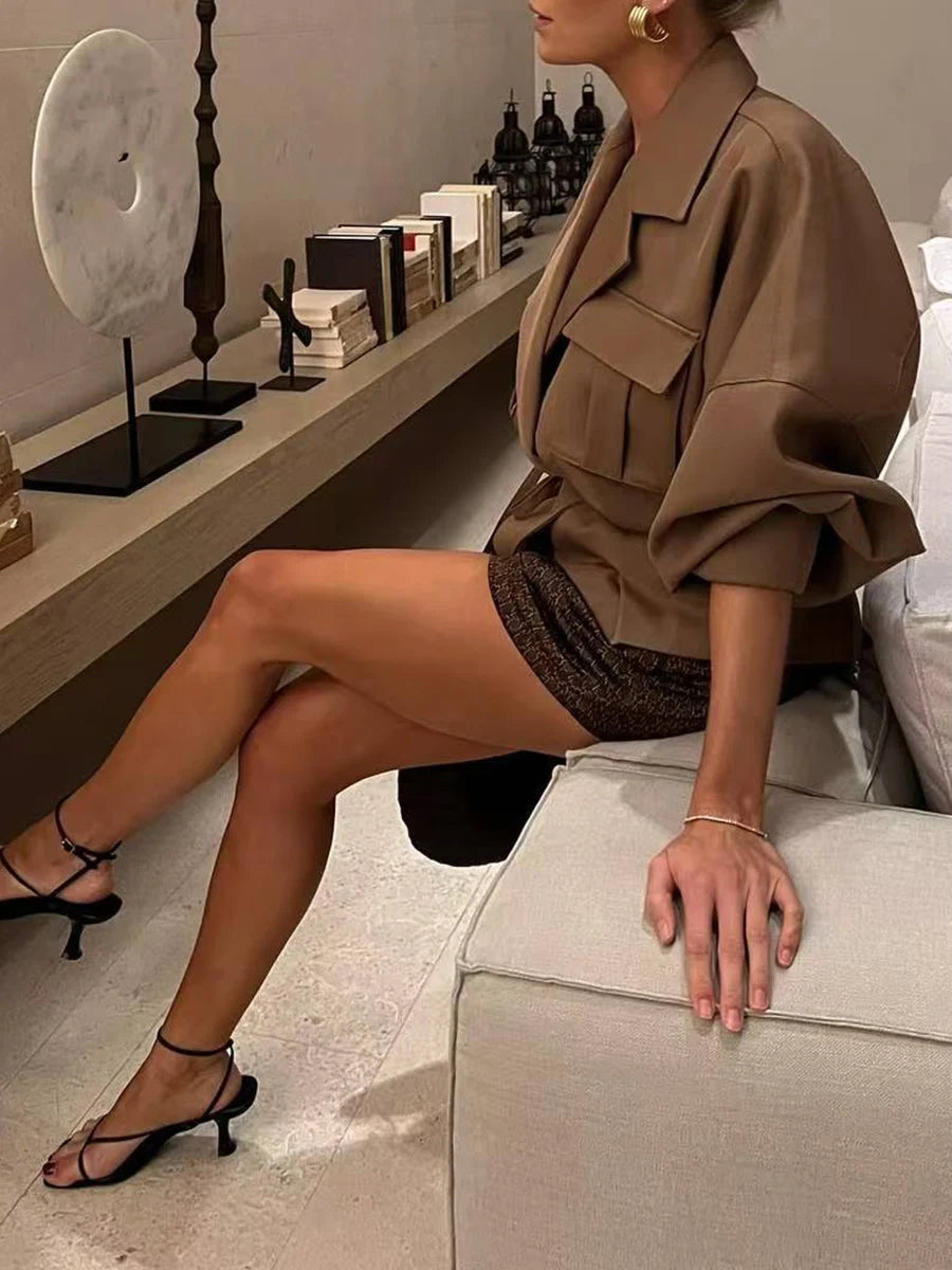 Lace-up waist khaki jacket perfect for office layering and commuter style